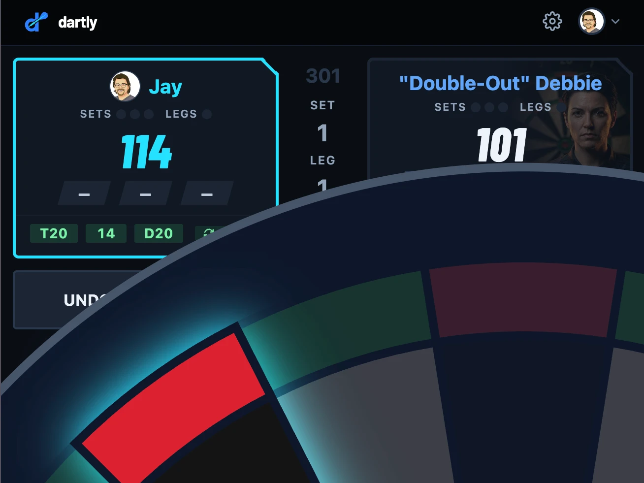 Dartly: Live scoring — both scoreboards and the board