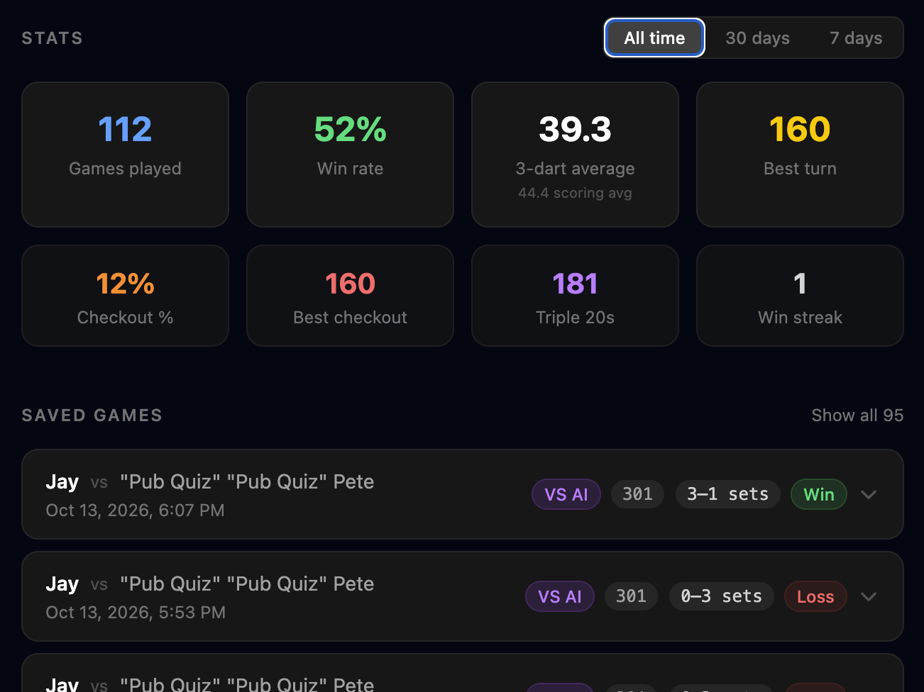 Dartly: Player profile — career stats and saved games