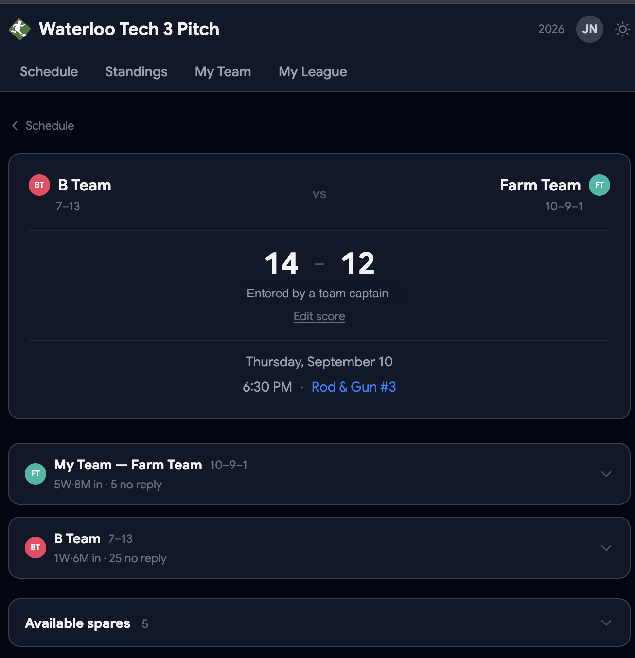 NoTag: Game detail — score, field and time, plus team availability and available spares
