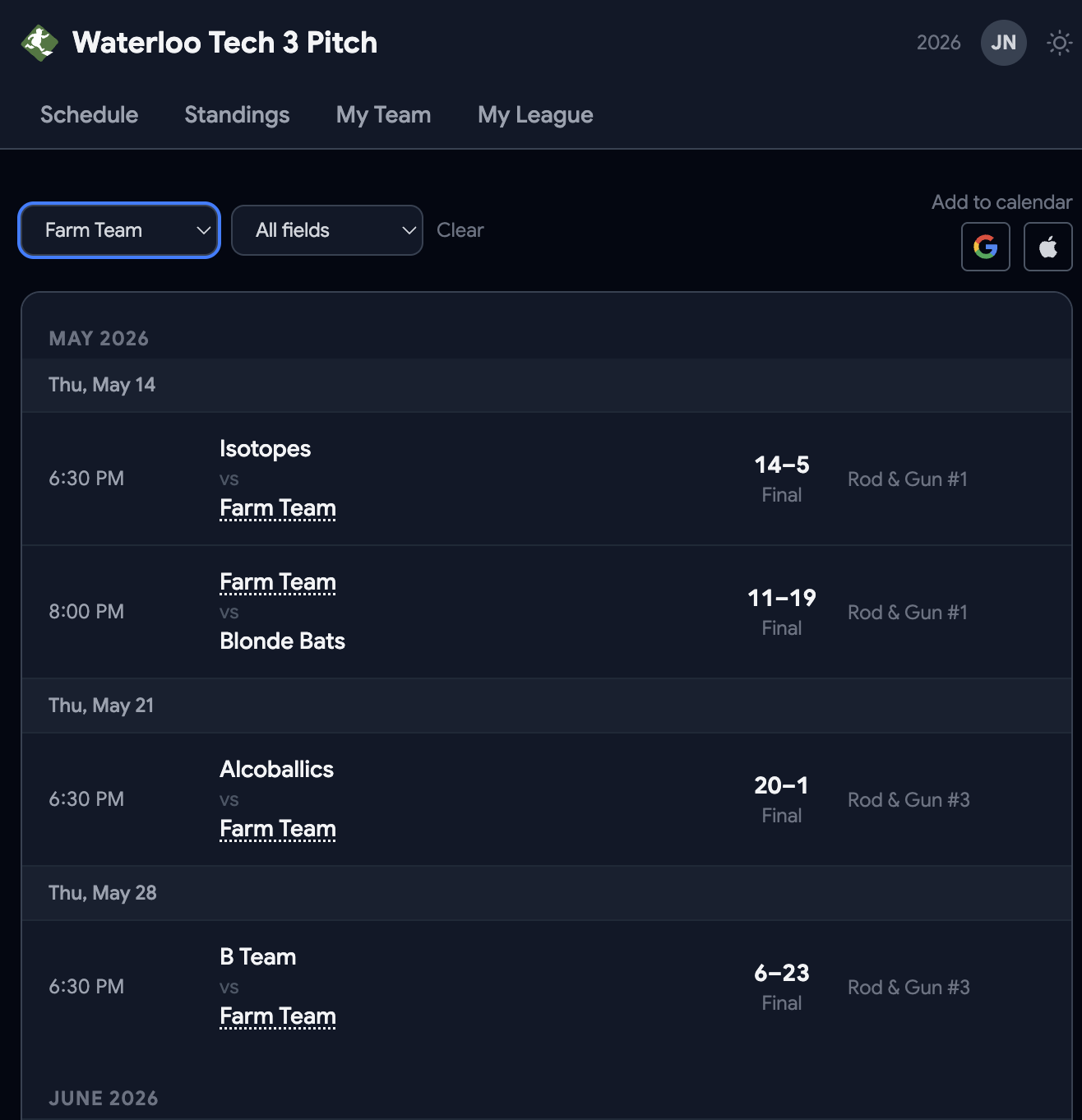 NoTag: Schedule — filter by team or field, add to Google or Apple calendar