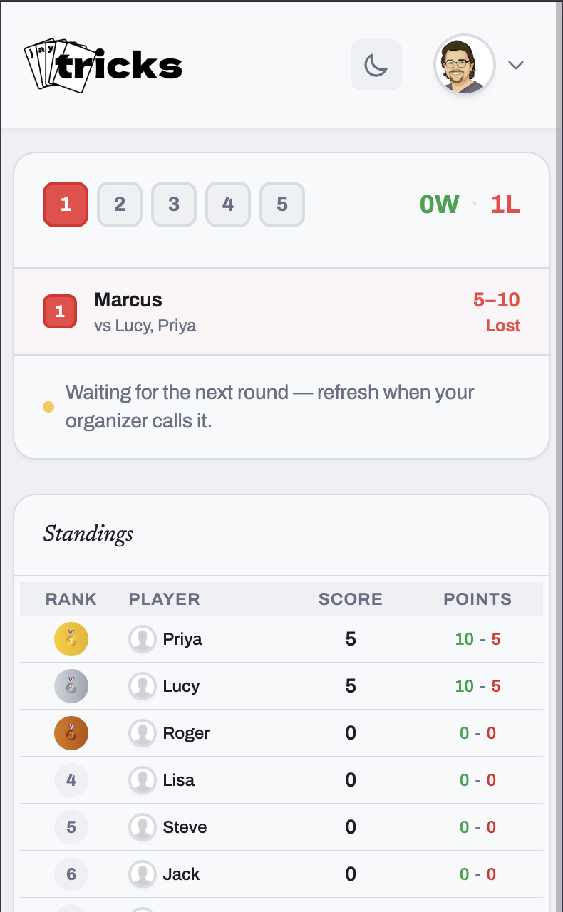 ThreeTricks: Live standings — updated the moment a score is submitted